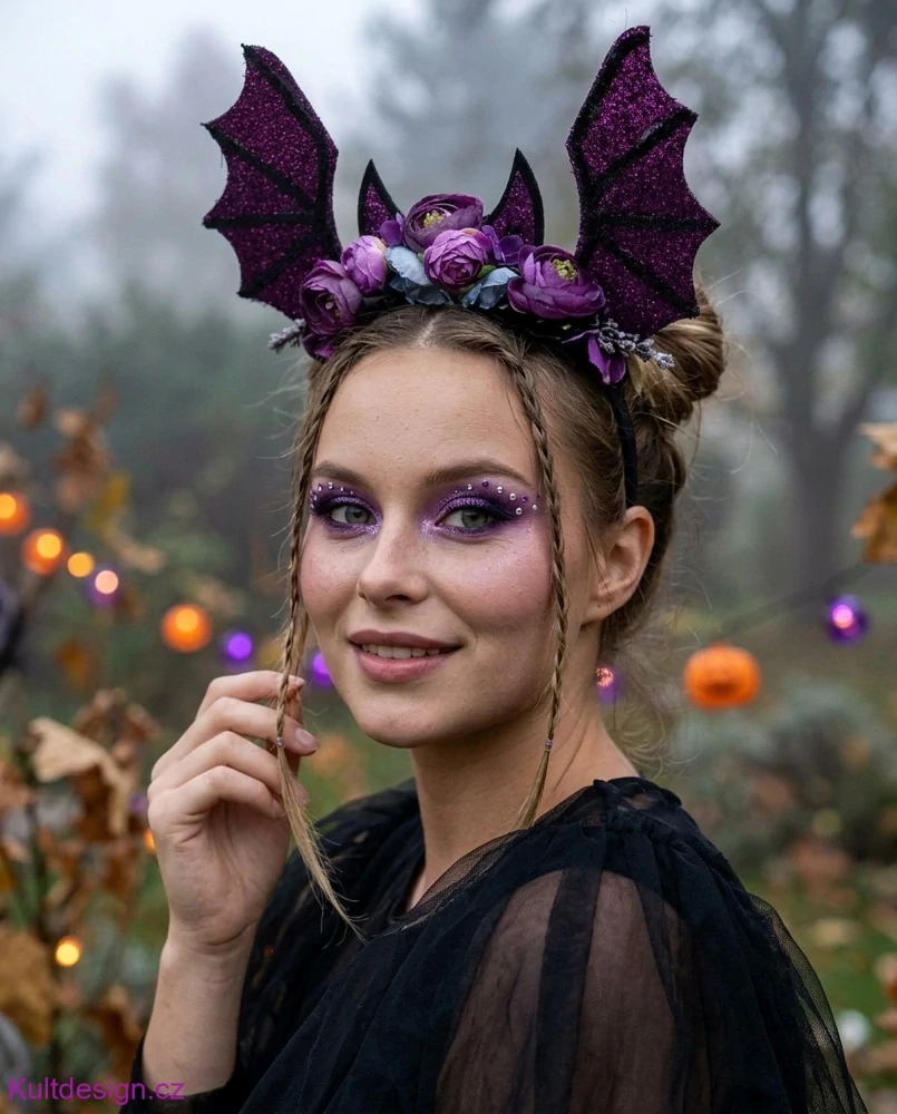 Halloweenská květinová čelenka s netopýřími křídly