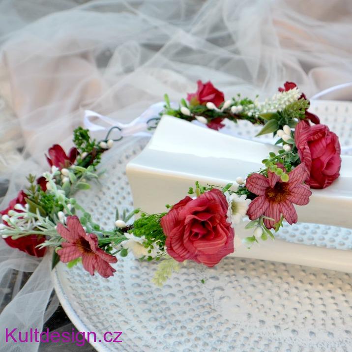 Svatební věneček do vlasů bordo