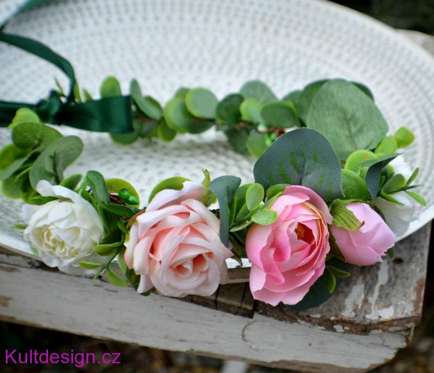 Svatební věneček do vlasů eukalyptový s růžovými květy