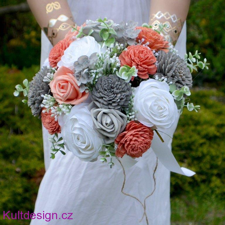 Svatební kytice Coral grey a korsáž