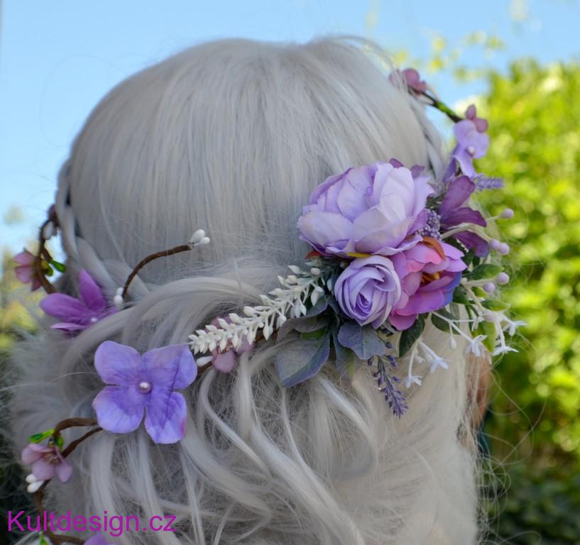 Květinový pletenec do vlasů fialový