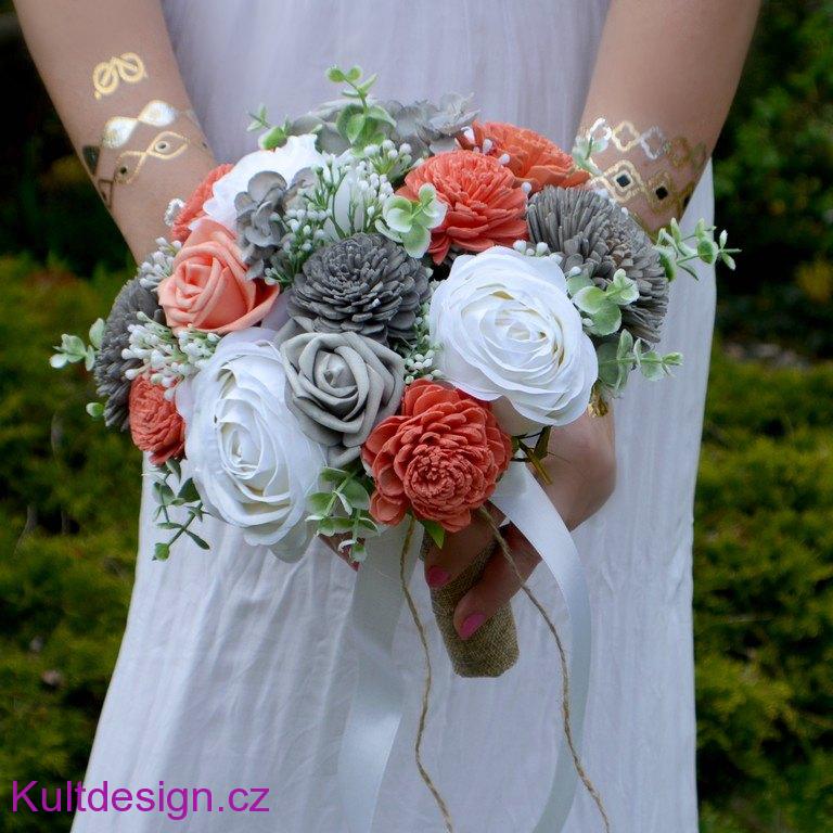 Svatební kytice Coral grey a korsáž
