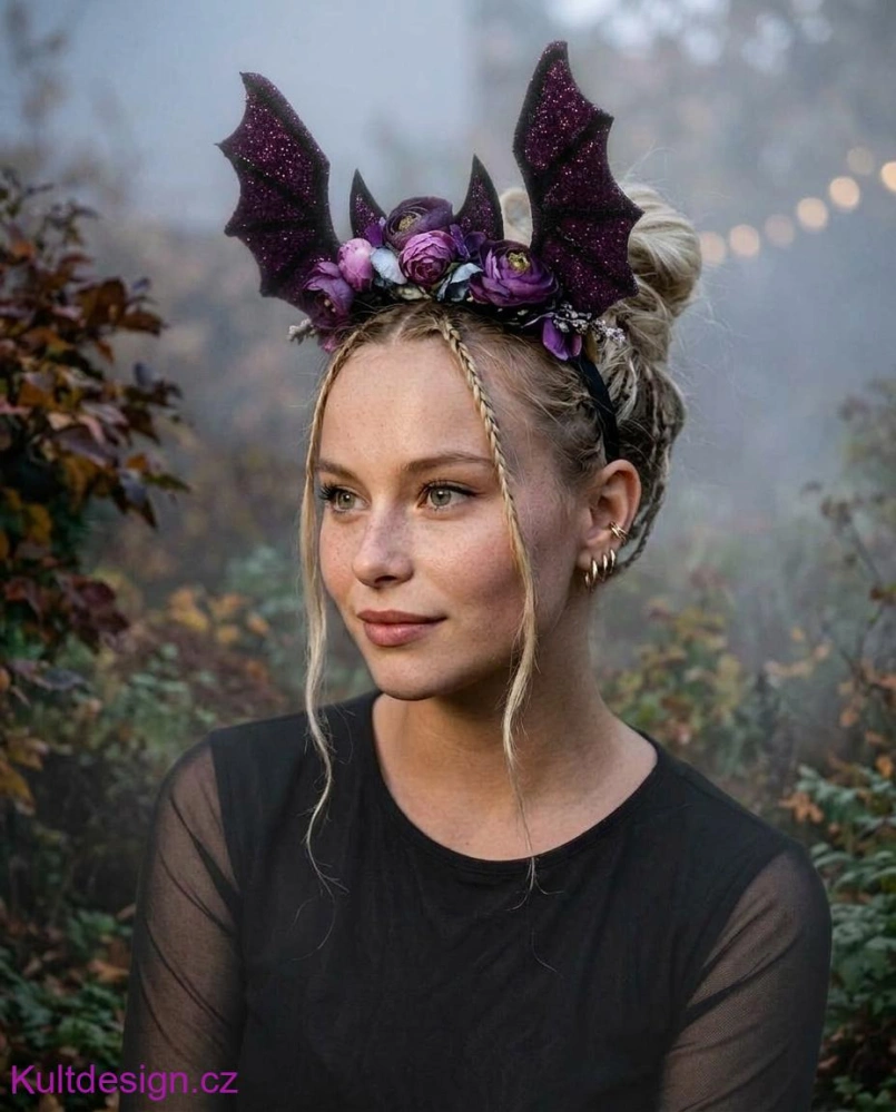 Halloweenská květinová čelenka s netopýřími křídly