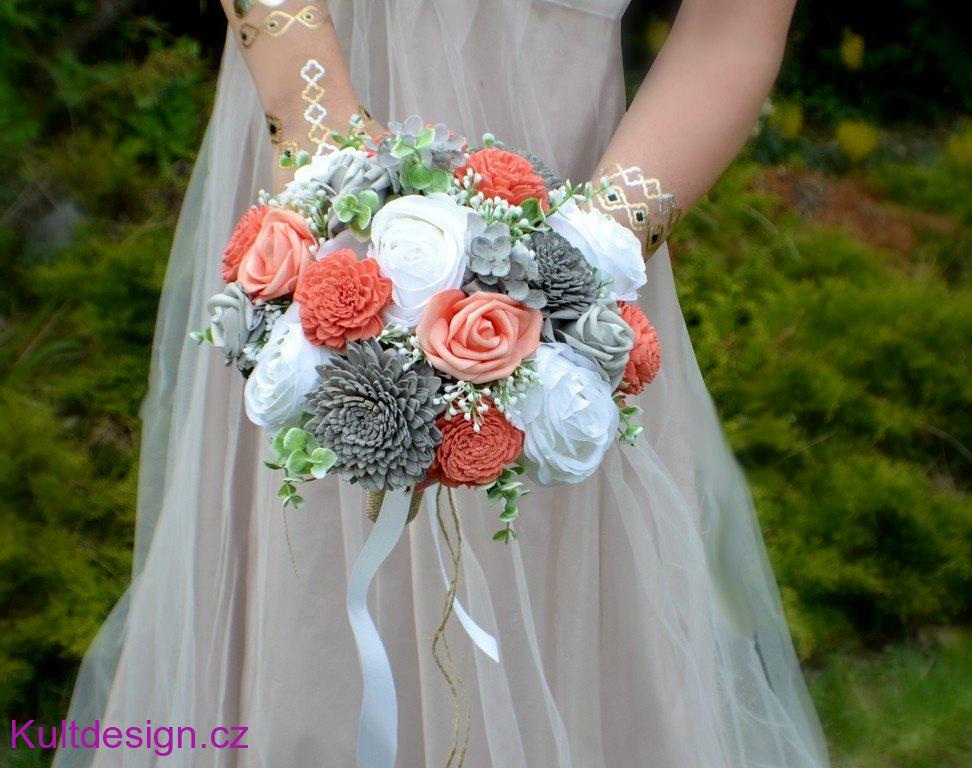 Svatební kytice Coral grey a korsáž