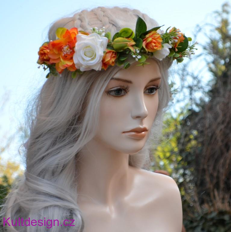 Svatební věneček do vlasů eukalyptový s oranžovými květy
