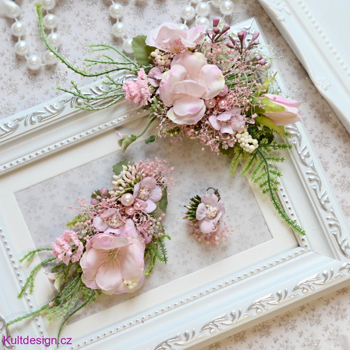 Svatební sada 3 ks, spona a trendy květinové náušnice 