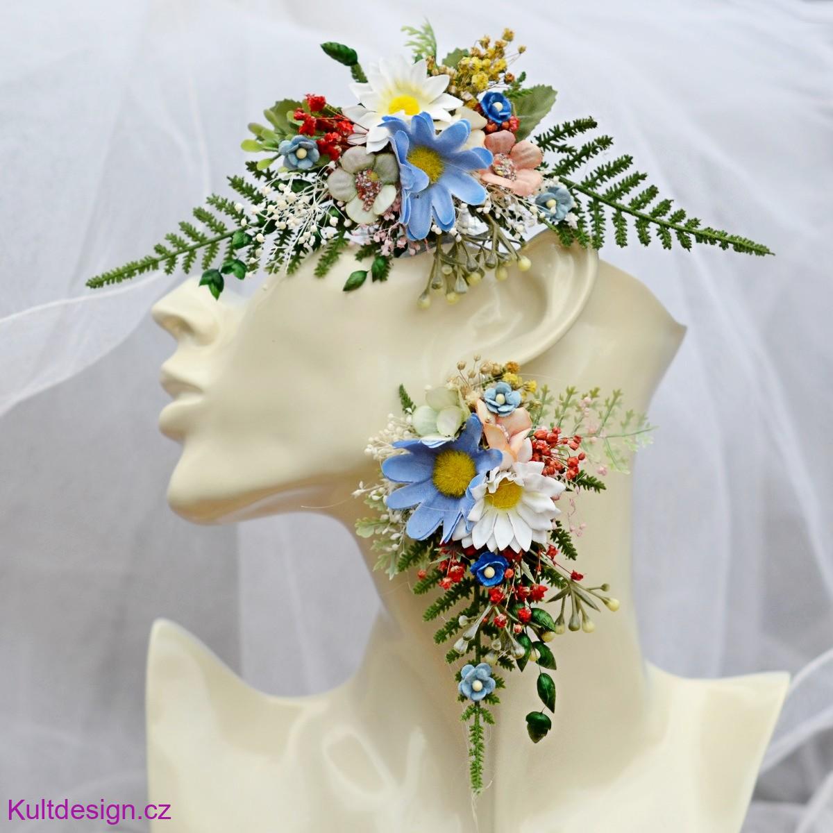 Svatební sada 3 ks, spona a trendy květinové náušnice 