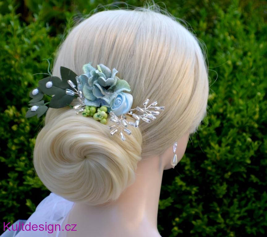 Svatební kytice Sky velvet, spona a korsáž 