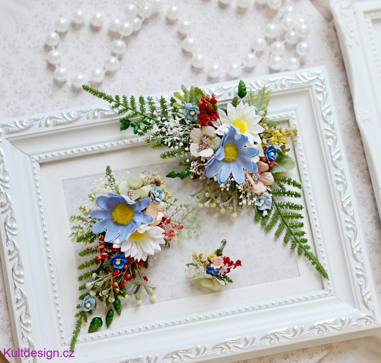 Svatební sada 3 ks, spona a trendy květinové náušnice 