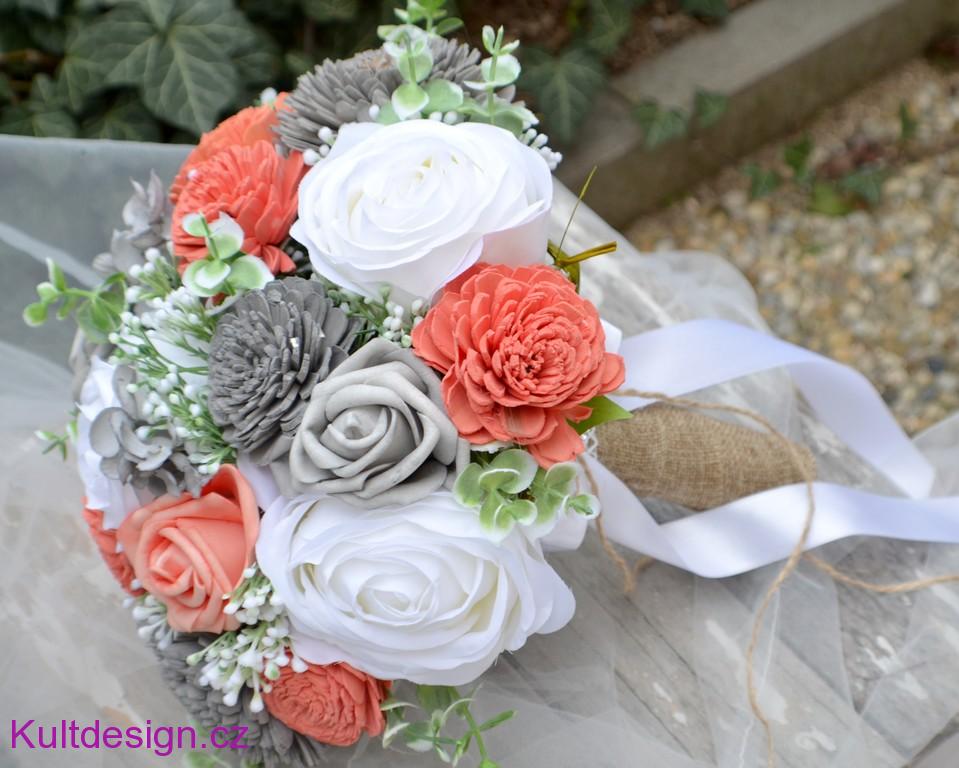 Svatební kytice Coral grey a korsáž