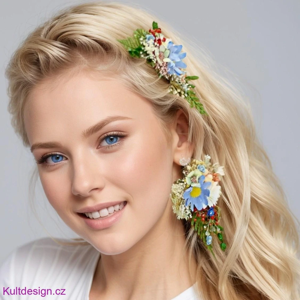 Svatební sada 3 ks, spona a trendy květinové náušnice 