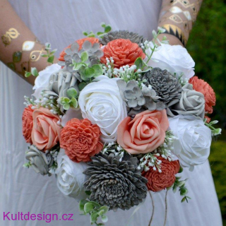 Svatební kytice Coral grey a korsáž
