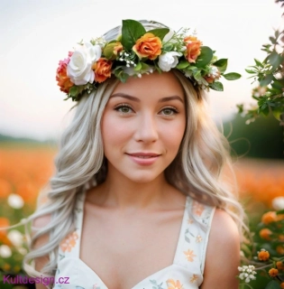 Svatební věneček do vlasů eukalyptový s oranžovými květy