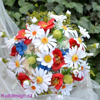 Svatební kytice Kopretiny a vlčí máky a korsáž