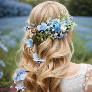Květinový svatební pletenec do vlasů modrý