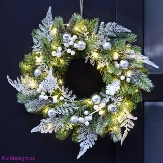 Věnec bílé kapradí 35 cm, světýlka s časovačem
